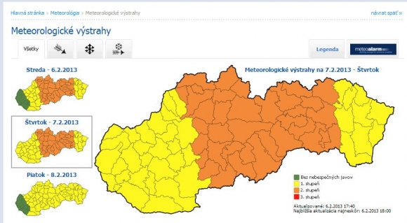 Meteorológovia vydali na štvrtok výstrahy.